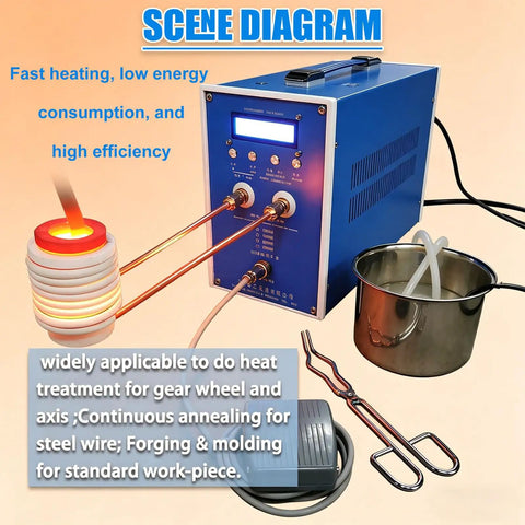 High Frequency Induction Heater 6000W Flameless Metal Melting Furnace with coil and controls for metal annealing and forging.