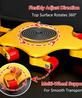 Rock Solid Heavy Duty Moving Dolly With Thickened Steel Base And Smooth PU Swivel Casters For Easy Furniture And Machinery Transport Heavy Lifting Makes Quick Work Of Any Job showing 360-degree rotating top surface and multi-wheel support.
