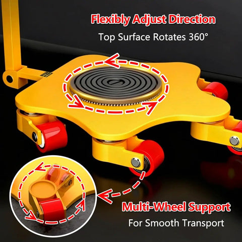 Rock Solid Heavy Duty Moving Dolly With Thickened Steel Base And Smooth PU Swivel Casters For Easy Furniture And Machinery Transport Heavy Lifting Makes Quick Work Of Any Job showing 360-degree rotating top surface and multi-wheel support.