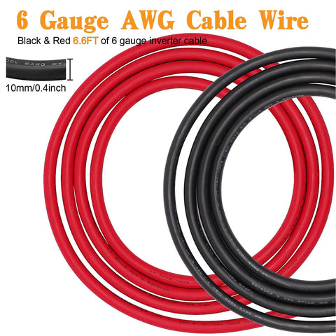 6 AWG Tinned Copper Battery Wire Kit With 13.1 Ft Red And Black Power Cables UL1015 CSA Approved Includes Two 6.5 Ft Cables, Six Three-Eighths Inch Lugs, Six Five-Sixteenths Inch Lugs, Heat Shrink Tubing, OFC Welding Cable For Inverters And Boats, coiled red and black wires