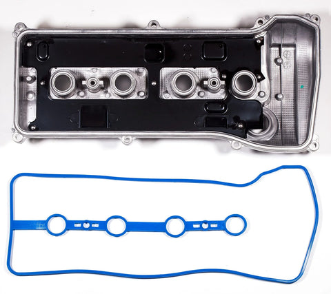 Valve cover and blue silicone gasket front view; 2-piece automotive gasket kit