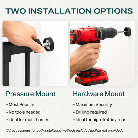 Auto Close Baby Gate For Stairs And Doorways With Easy Install Pressure Mounted Design showing pressure and hardware mount options
