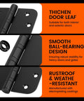 Black Ball Bearing Door Hinges 4 Inch Tough As Nails Built To Last Heavy Duty 304 Stainless Steel For Exterior And Interior Doors Weatherproof Five Eighths Inch Radius Corners 3 Pack Smooth Operation And Rust Resistant, matte black hinge close-up
