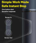 Close-up of cordless electric screwdriver kit with USB C charge featuring simple work mode and button controls for screwing in and out.