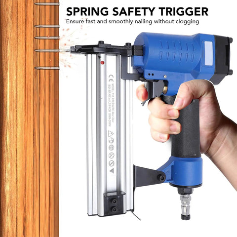 Heavy Duty 18 Gauge Pneumatic Brad Nailer Drives 3 8 To 2 Inch Finish Nails For Trim And Carpentry with spring safety trigger.