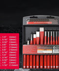 Kick Your DIY Game Up A Notch With This Badass 12 Piece Punch And Chisel Set Perfect For Metal Wood Stone And Brick Shaping Works In Any Garage Shop Or Home Workshop For Serious Mechanics And Crafters. 12-piece chrome vanadium punch and chisel set in red case with size chart