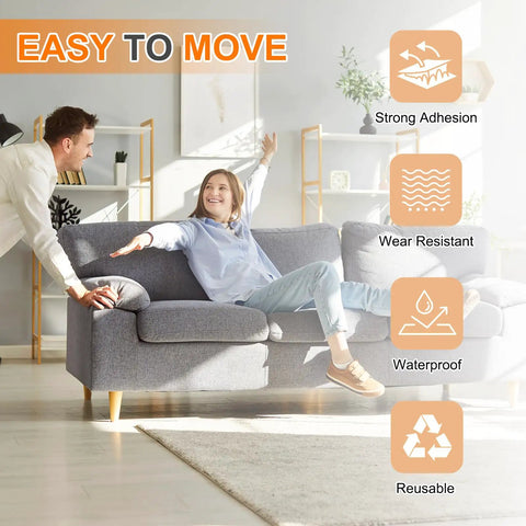 Couple demonstrating 16 Pack Heavy Duty Furniture Sliders Featuring Self Adhesive Round Gliders To Protect Your Floors While Rolling Couches And Tables Smooth As Butter Without A Scrape Or Unwanted Noise on a sofa.