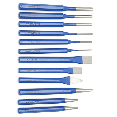 Check Out These 12 Pcs Chisel Punch Kit With Cool Blue Handles Made From Hardened Crv Steel Perfect For Metalworking, Wood Carving And All Your Dope Diy Projects To Get Stuff Done Fast. 12-piece blue CRV chisel punch set