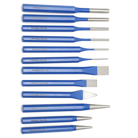 Pro Grade 12 Piece Chisel Punch Kit With Cylindrical Conical And Flat Center Punches Heavy Duty CRV V Steel
