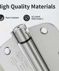 Close-up of Quick Install Self Closing Door Hinges 3.5 Inch Spring Loaded Hardware with rust-resistant brushed nickel finish.