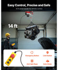 440 Lb Electric Hoist With 110V Power lifting engine with 39.4 ft lift range, 14 ft remote control visible, used in garage setting