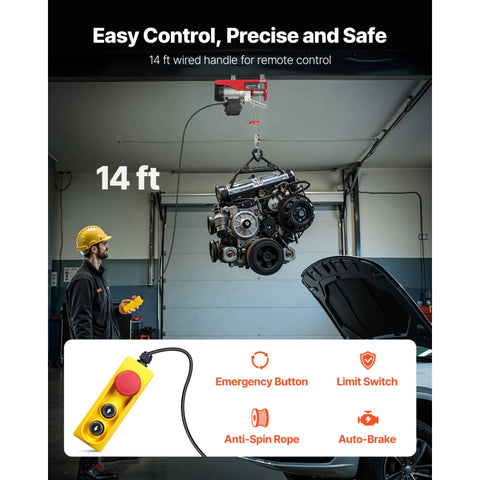 440 Lb Electric Hoist With 110V Power lifting engine with 39.4 ft lift range, 14 ft remote control visible, used in garage setting