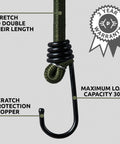 Beefy 12 Inch Bungee Cords With Hooks showing plastic coated steel hook, 8mm woven polypropylene cord, and 30kg capacity.