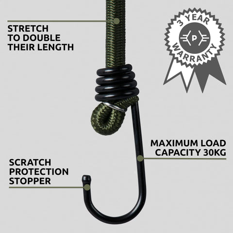Close-up of Heavy Duty 40 Inch Bungee Cords With Hooks For Luggage Camping And Outdoor Use 10 Pack showing hook and label