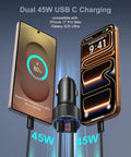Dual 45W USB C Car Charger with heavy duty braided cord, powering iPhone 17 Pro Max and Galaxy S25 Ultra while charging.