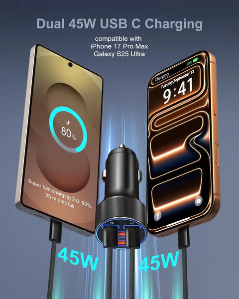 Dual 45W USB C Car Charger with heavy duty braided cord, powering iPhone 17 Pro Max and Galaxy S25 Ultra while charging.