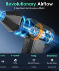Cordless Air Duster With 110000 RPM Brushless Motor in blue light effect showing airflow and motor comparison chart