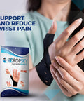 Hand wearing black thumb brace with gel pad, part of Thumb Brace 4 Pack Waterproof Splints With Gel Pad For Carpal Tunnel Arthritis.