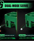 Launch Monitor With Automatic Ball Dispenser And Swing Trainer showing dual-mode serve function, wood and iron tracks.