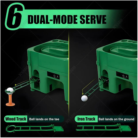 Launch Monitor With Automatic Ball Dispenser And Swing Trainer showing dual-mode serve function, wood and iron tracks.