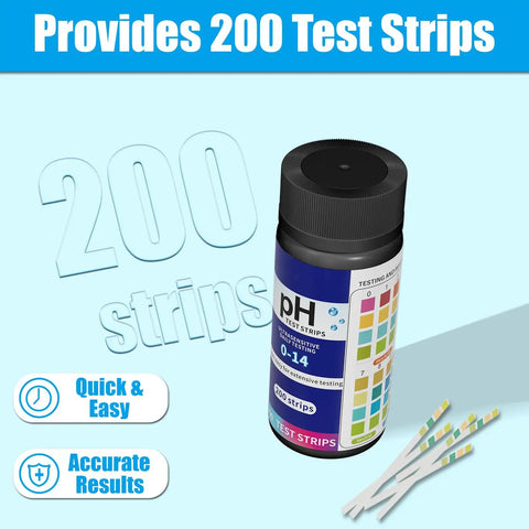 Bottle of 200 Count pH Test Strips 0-14 Universal Litmus Paper For Liquid Testing Water Saliva with scattered strips
