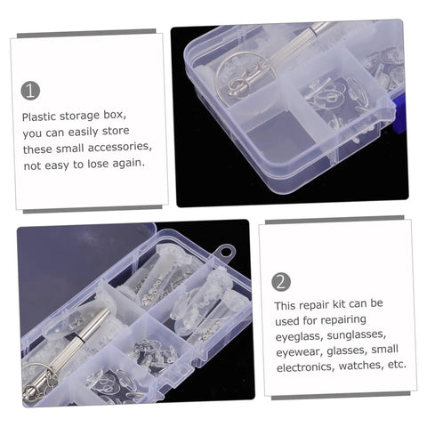 Two Sets Eyeglass Repair Tool Kit With Screws, Nose Pads, And Ear Grips For Quick Fixes Of Glasses, Sunglasses, And Small Electronics, Includes Mini Screwdriver For On The Go Repairs in plastic storage box