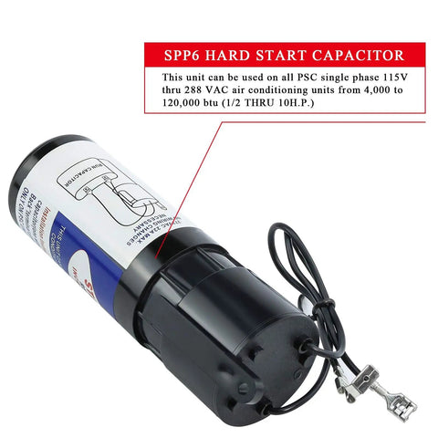 SPP6 hard start capacitor for AC, 115-288 VAC, boosts starting torque; ideal for 4,000-120,000 BTU (0.5-10 HP) units.