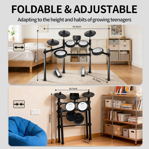 Electric Drum Set With Quiet Mesh Pads Cymbals Sticks Headphones USB MIDI Kick Pedal Over 195 Dope Sounds adjustable setup