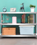 Heavy Duty Two Tier Stainless Steel Storage Rack Rust Resistant Boss Rack For Kitchen Office Garage Restaurant with decorative items.