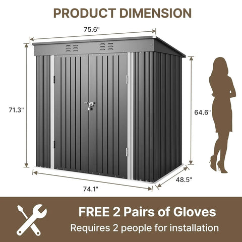 Diagram of Large Capacity 6 Foot By 4 Foot Outdoor Storage Shed With Double Lockable Doors, dimensions and installation note.