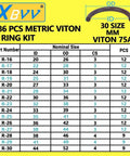 Viton O Ring Assortment Kit, 386 Pieces, 30 Metric Sizes, 75A Durometer chart showing dimensions and part numbers.