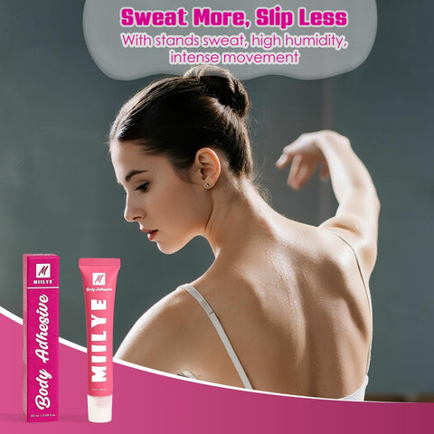 Dancer applying All Day Sweat Proof Body Adhesive for clothes with strong hold and water wash off for secure wear and comfort.