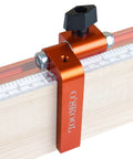 3 Inch T Track Fence Flip Stop Repeater With Indexing Cursor attached to a wooden jig for woodworking precision and adjustments