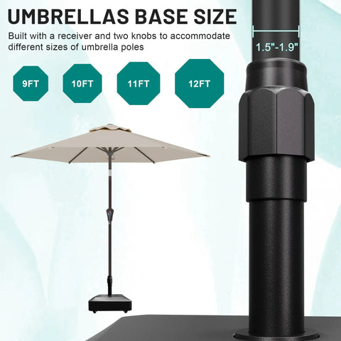 Mobile Umbrella Base With Four Wheels Heavy Duty Outdoor Stand For Patio Use Lockable Wheels Includes Two Locks And Knobs
