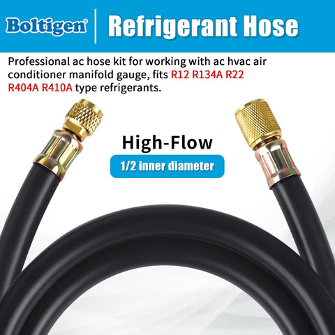 Boltigen high-flow refrigerant hose, 1/2 in ID, black hose with brass 3/8–1/4 flare fittings, 6 ft length