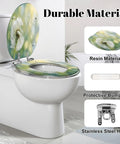Elongated Dandelion clock morning sun Toilet Seat with resin material and stainless steel hinges on a modern toilet.