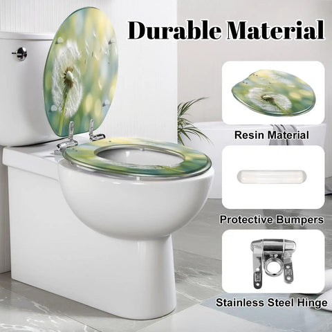 Elongated Dandelion clock morning sun Toilet Seat with resin material and stainless steel hinges on a modern toilet.
