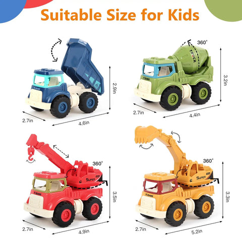 Awesome Realistic Kids Construction Toys Set With Excavator, Crane, Dump Truck And Cement Mixer with rotatable parts, size details.