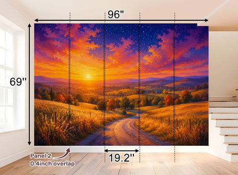 Classic Countryside Landscape Peel And Stick Wallpaper, 69x96 inches, features vibrant sunset scene, perfect for quick room upgrades.