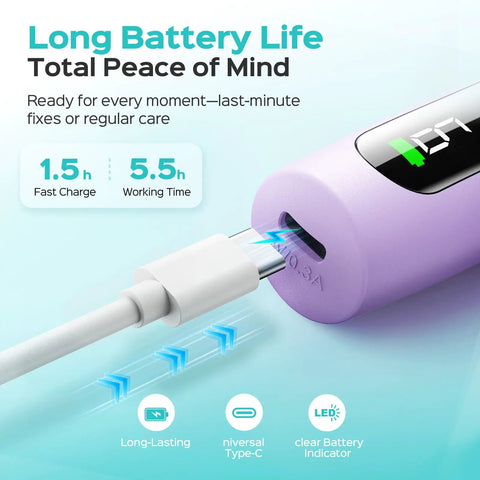 Cordless Nail Drill Kit With LED Display Adjustable Speeds And Professional Nail File For Acrylic Gel Powder Portable For Home DIY And Salon Use Beginners Friendly Manicure Pedicure Tool For Women Travel Ready Purple showing charging cable and battery indicator.