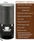 Automatic 58mm Electric Coffee Tamper featuring adjustable pressure control and specs, including aluminum alloy and black finish.