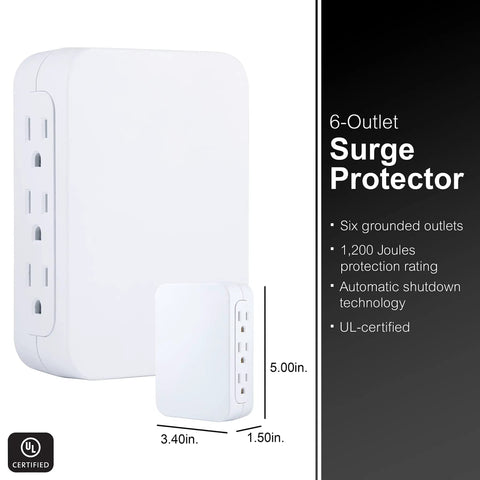 Six Outlet Surge Protector Wall Tap Extender With Side Access Design For Tight Spots, 1200 Joules, 3 Prong Grounded Outlets, UL Listed, White, Great For Home Office And Entertainment Setups