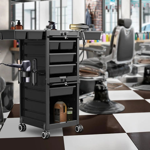 Lockable Salon Trolley With Six Drawer Rolling Beauty Cart And Tool Holders, Boss Grade Mobile Hair Stylist Station