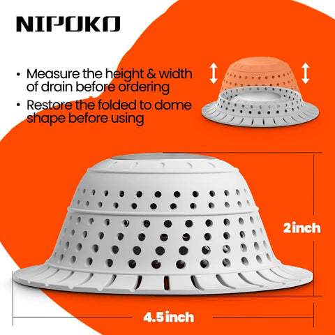 Universal Silicone Bathtub Drain Strainer With Tall Dome Design For Quick Shower Hair Catcher And Jewelry Protection No Sweat Setup Fits Standard US Sizes Like A Glove And Keeps Your Drains Clear, showing dimensions.
