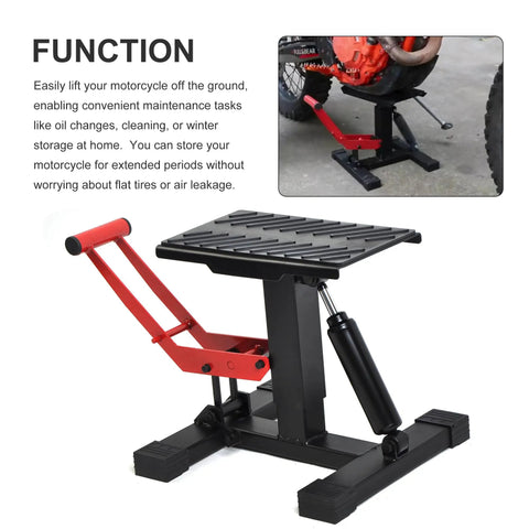 Side view of Dirt Bike Stand Lift Table With Adjustable Height For Easy Maintenance Heavy Duty Motorcycle Hoist Jack 330 LB Capacity Rugged Garage Bike Accessory Gear.