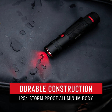 Dual Color LED Flashlight with white and red beams 315 lumen output bullseye spot beam optic on wet surface.