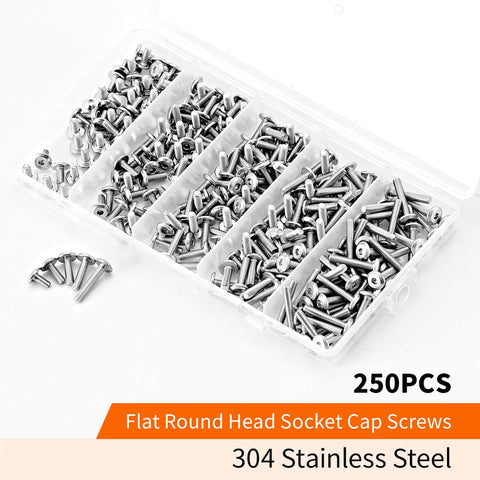 M3 Hex Socket Cap Screws Set 250Pcs Assortment Kit Flat Head Allen Bolts 304 Stainless Steel Fully Threaded For Furniture And DIY Projects Includes M3 X 6mm, 8mm, 10mm, 12mm, 16mm In Bright Finish shown in open case