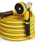 50 Ft Five Eighth Inch Heavy Duty Built To Last Garden Hose With Nozzle Flexible Lightweight Kink Resistant Hybrid Hose With Swivel Handle Durable Anti Burst Outer Layer High Pressure Ready Includes Male To Female Fittings coiled yellow hose with 10-function nozzle