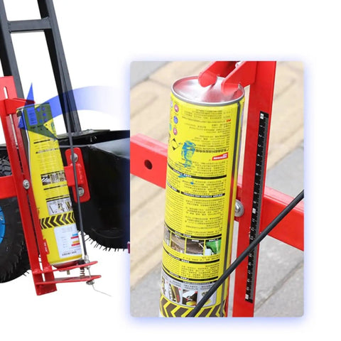 Striping Machine Floor Tape Applicator Workhorse For Factory And Warehouse Use, Traffic Lane Marking Tool For Parking Lots, Aisles, Yellow Lines, And Sports Courts, Easy Cleaning, Quick Setup, Durable And Versatile. red steel floor marking machine holding a 840 ml can