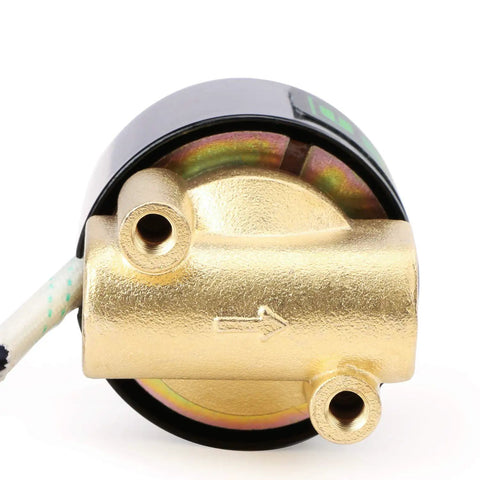 Brass Electric Solenoid Valve 24VDC Normally Closed, close-up of quarter inch inlet, heavy duty brass body, Viton seals visible